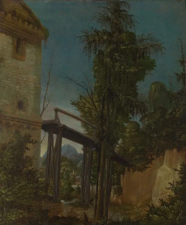 Landscape with a Footbridge (1518) by Albrecht Altdorfer — original painting reproduced as a hand-painted oil on canvas