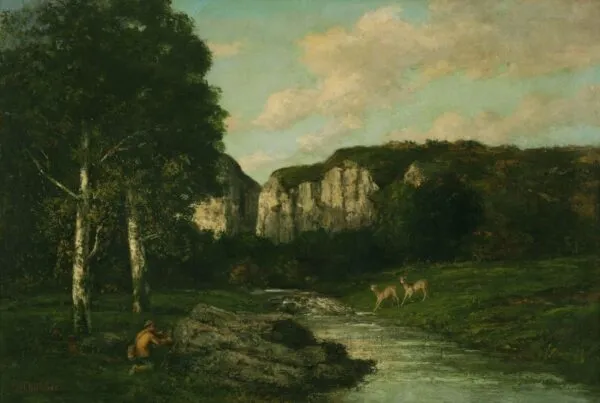 Landscape with a Hunter (1873) by Gustave Courbet — original painting reproduced as a hand-painted oil on canvas