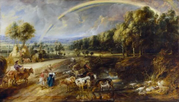 Landscape with a Rainbow (1636) by Peter Paul Rubens — original painting reproduced as a hand-painted oil on canvas