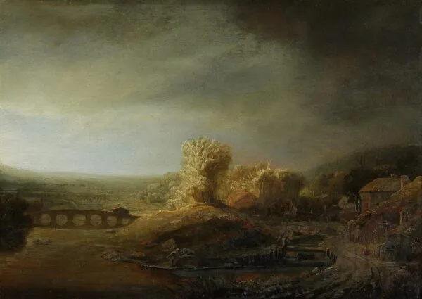 Landscape with a seven arched bridge (1638) by Rembrandt — original painting reproduced as a hand-painted oil on canvas