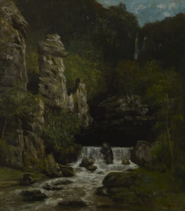 Landscape with a Waterfall (1865) by Gustave Courbet — original painting reproduced as a hand-painted oil on canvas