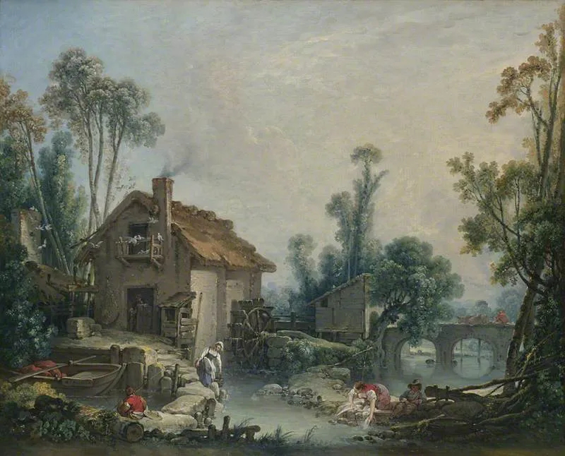 Landscape with a Watermill (1755) by François Boucher — original painting reproduced as a hand-painted oil on canvas