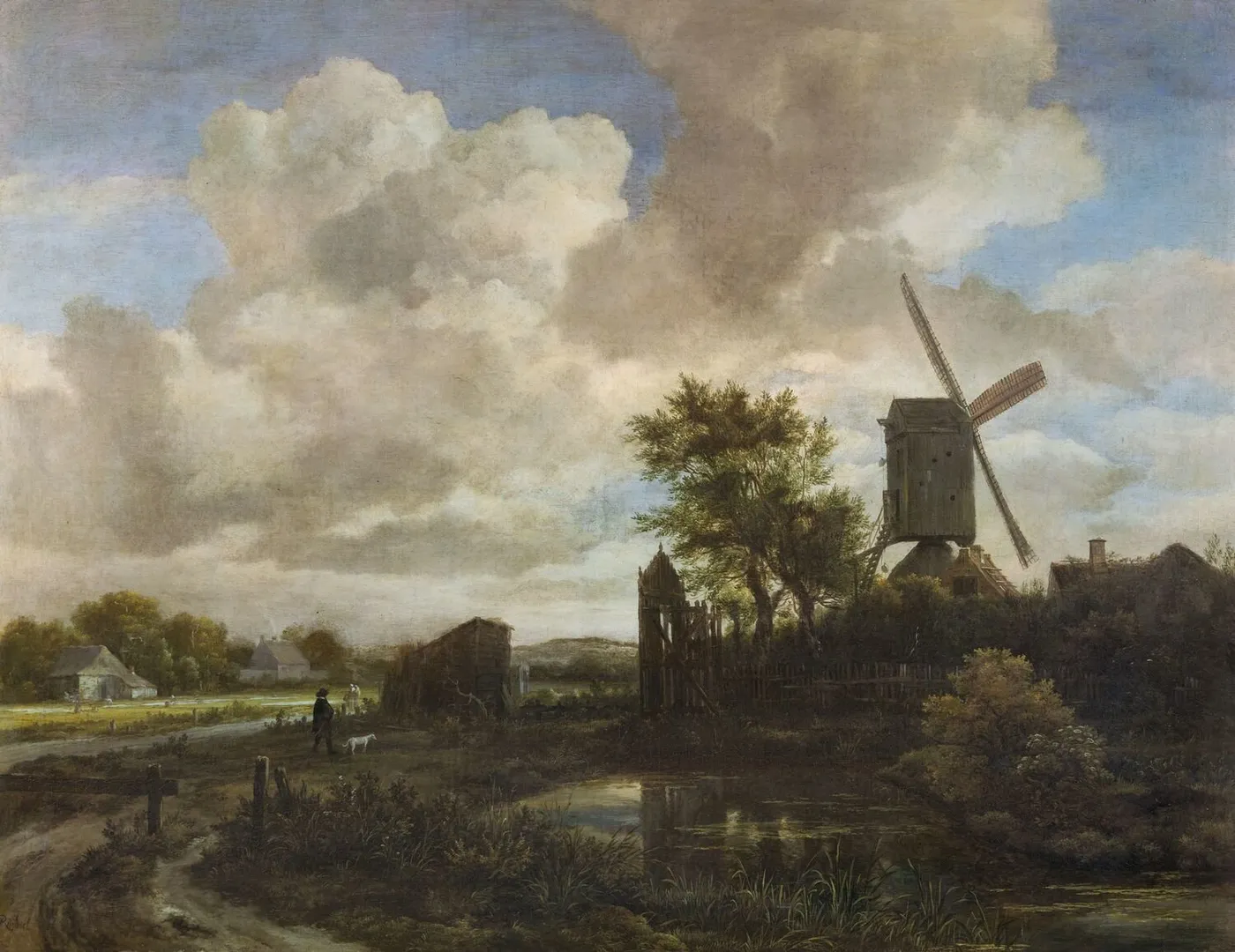Landscape with a Windmill in the Evening (1650) by Jacob van Ruisdael — original painting reproduced as a hand-painted oil on canvas