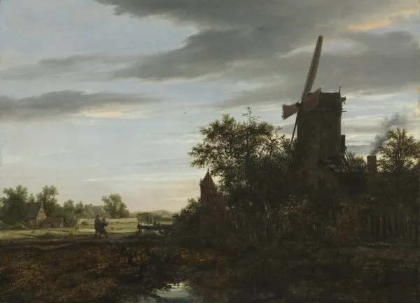 Landscape with a Windmill (1646) by Jacob van Ruisdael — original painting reproduced as a hand-painted oil on canvas