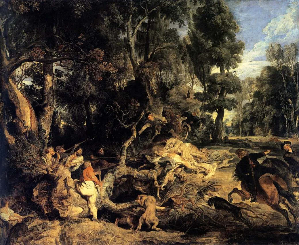 Landscape with Boar Hunt (1616) by Peter Paul Rubens — original painting reproduced as a hand-painted oil on canvas