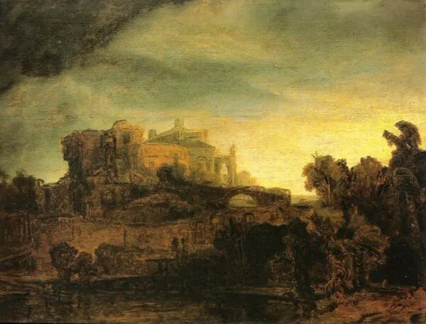 Landscape with Castle (1625) by Rembrandt — original painting reproduced as a hand-painted oil on canvas