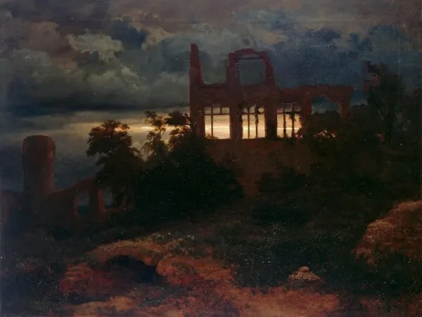 Landscape with castle ruins (1847) by Arnold Böcklin — original painting reproduced as a hand-painted oil on canvas