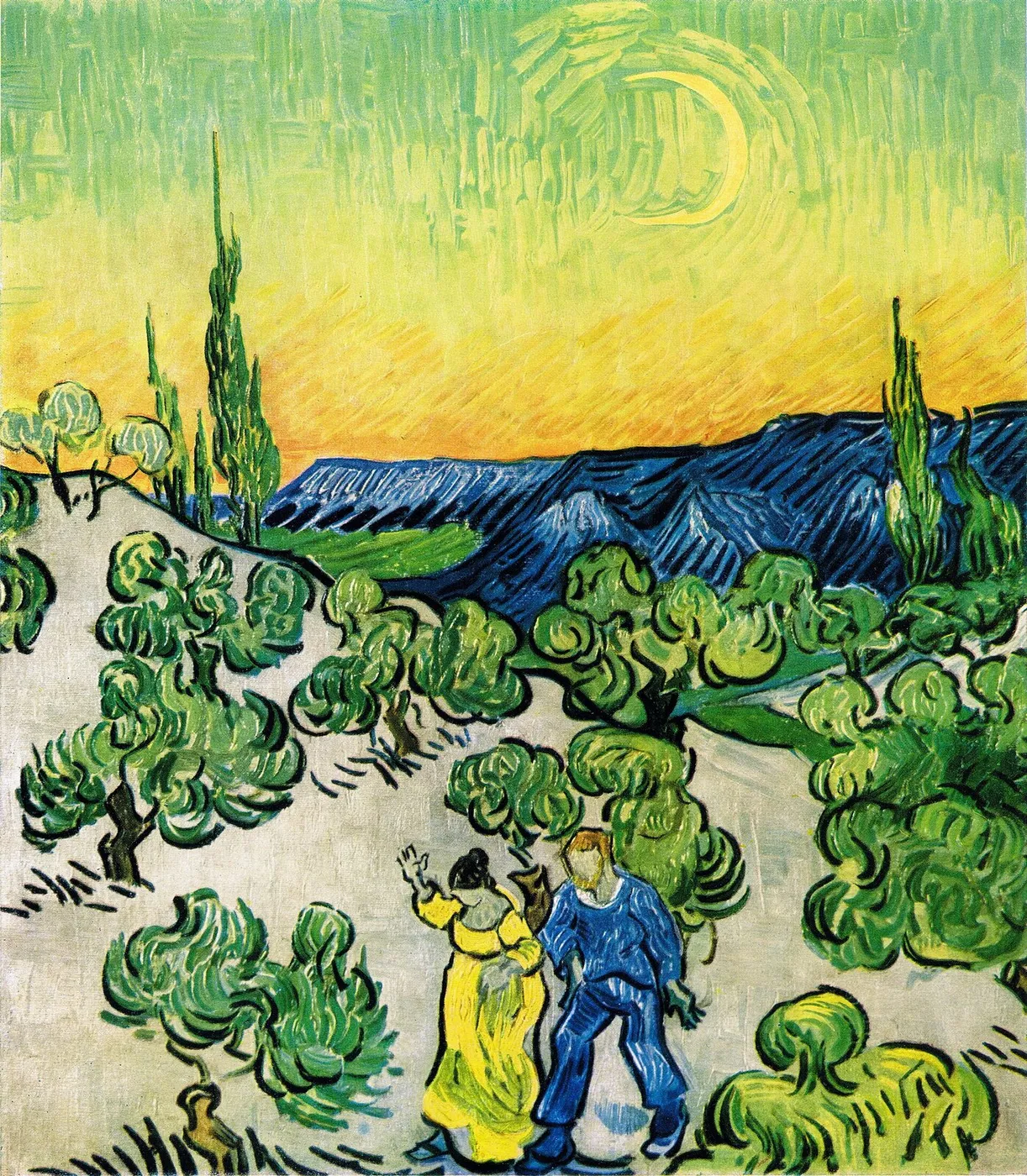 Landscape with Couple Walking and Crescent Moon (1890) by Vincent van Gogh — original painting reproduced as a hand-painted oil on canvas