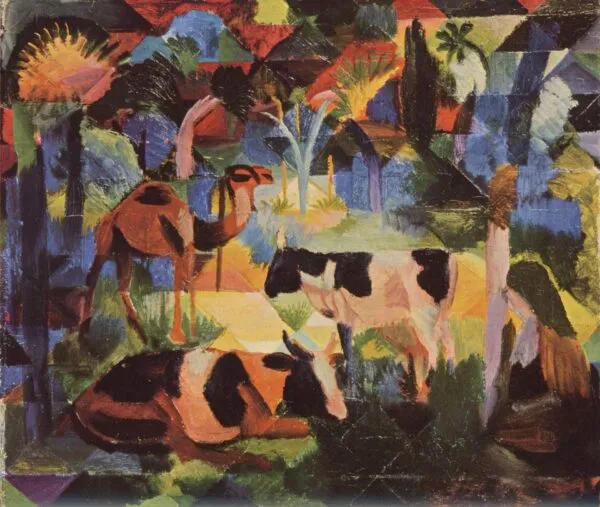 Landscape with Cows and Camel (1914) by August Macke — original painting reproduced as a hand-painted oil on canvas