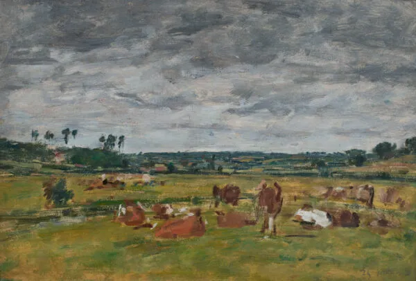 Landscape with Cows (1875) by Eugène Louis Boudin — original painting reproduced as a hand-painted oil on canvas