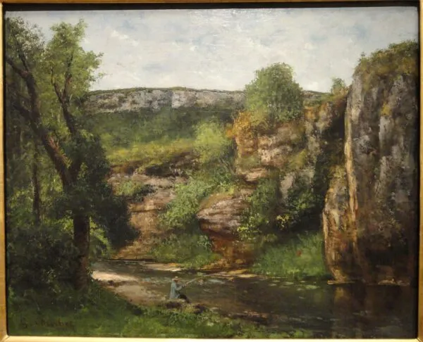 Landscape with Fisherman (1872) by Gustave Courbet — original painting reproduced as a hand-painted oil on canvas