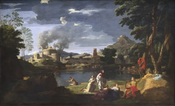 Landscape with Orpheus and Eurydice (1650) by Nicolas Poussin — original painting reproduced as a hand-painted oil on canvas