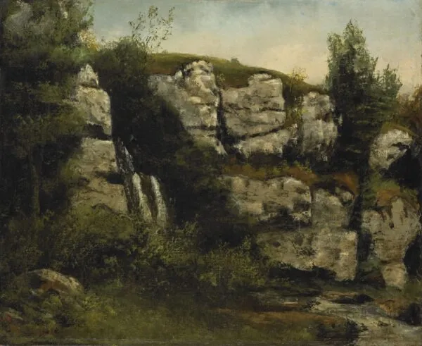Landscape with Rocky Cliffs and a Waterfall (1872) by Gustave Courbet — original painting reproduced as a hand-painted oil on canvas