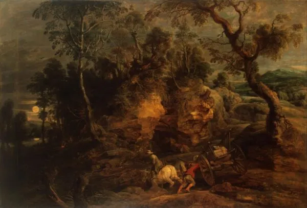 Landscape with Stone Carriers (1620) by Peter Paul Rubens — original painting reproduced as a hand-painted oil on canvas