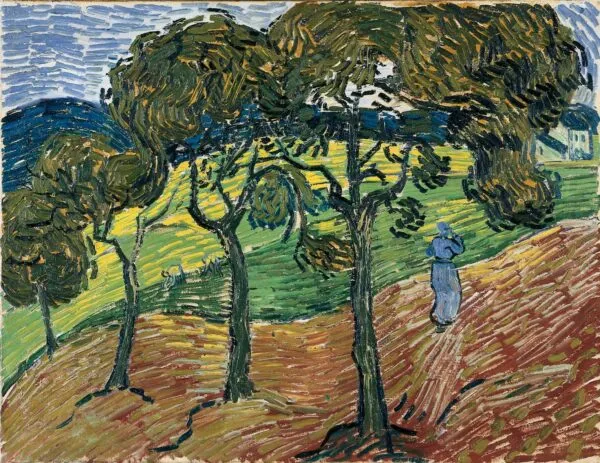 Landscape with Trees and Figures (1889) by Vincent van Gogh — original painting reproduced as a hand-painted oil on canvas