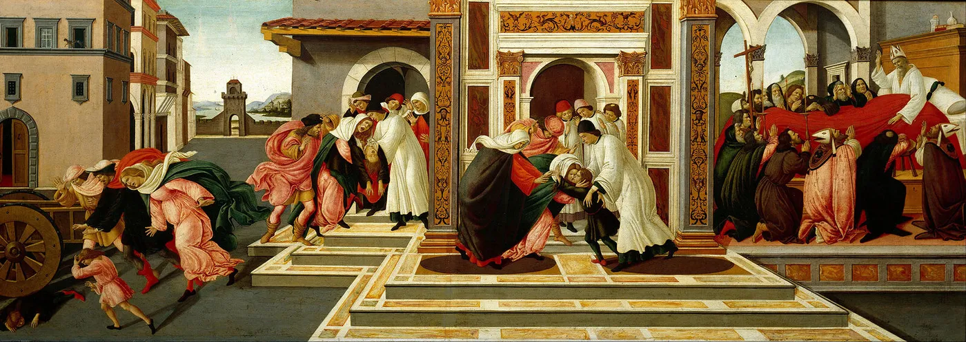Last Miracle and the Death of Saint Zenobius (1500) by Sandro Botticelli — original painting reproduced as a hand-painted oil on canvas