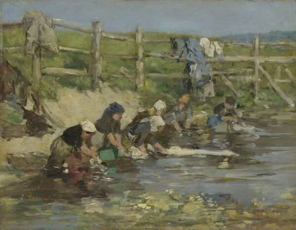 Laundresses by a Stream (1887) by Eugène Louis Boudin — original painting reproduced as a hand-painted oil on canvas