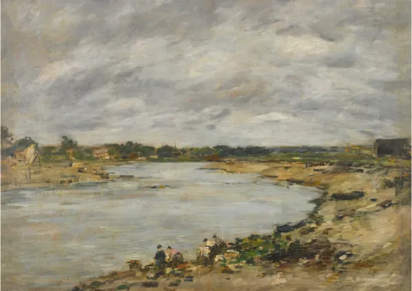 Laveuses au bord de la Touques (1878) by Eugène Louis Boudin — original painting reproduced as a hand-painted oil on canvas