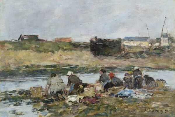 Laveuses sur la Touques près de Trouville (1891) by Eugène Louis Boudin — original painting reproduced as a hand-painted oil on canvas