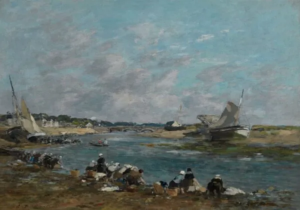 Laveuses sur un des bras de la Touques (1866) by Eugène Louis Boudin — original painting reproduced as a hand-painted oil on canvas