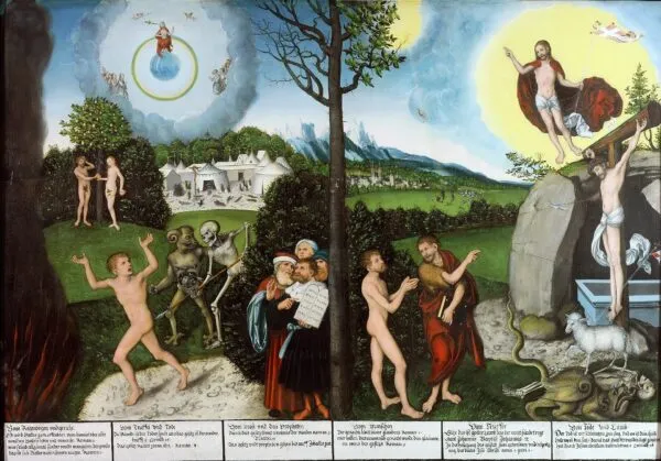 Law and Gospel (1529) by Lucas Cranach the Elder — original painting reproduced as a hand-painted oil on canvas