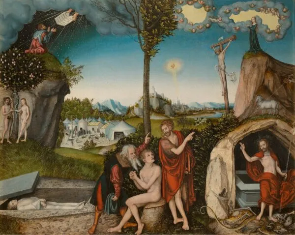 Law and Grace (1529) by Lucas Cranach the Elder — original painting reproduced as a hand-painted oil on canvas