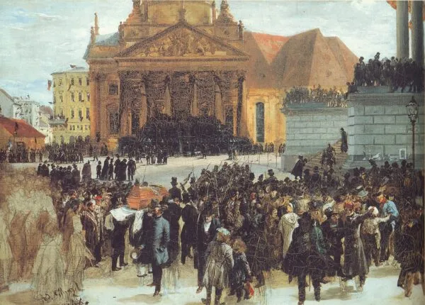Laying out the March Dead (1848) by Adolph von Menzel — original painting reproduced as a hand-painted oil on canvas