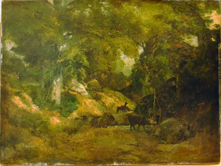 Le Cerf dans la forêt (1867) by Gustave Courbet — original painting reproduced as a hand-painted oil on canvas