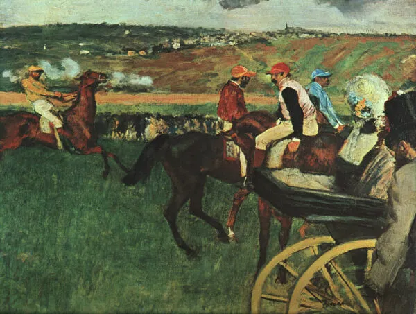 Le champ de courses. Jockeys amateurs près d'une voiture (1874) by Edgar Degas — original painting reproduced as a hand-painted oil on canvas