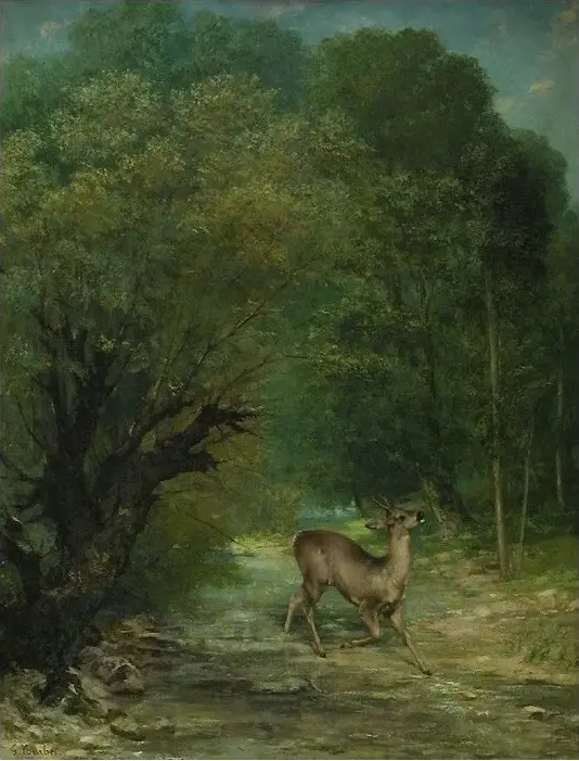 Le Chevreuil chassé aux écoutes, printemps (1867) by Gustave Courbet — original painting reproduced as a hand-painted oil on canvas