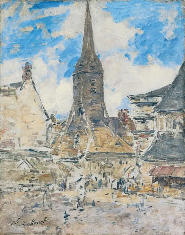 Le Clocher de Sainte-Catherine, Honfleur (1897) by Eugène Louis Boudin — original painting reproduced as a hand-painted oil on canvas