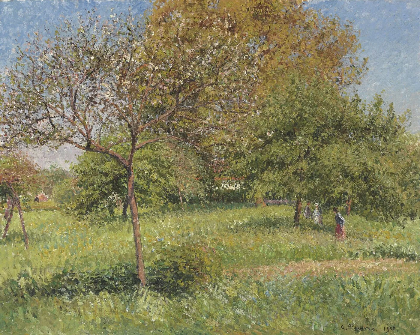 Le Grand Noyer, matin, Éragny (1901) by Camille Pissarro — original painting reproduced as a hand-painted oil on canvas