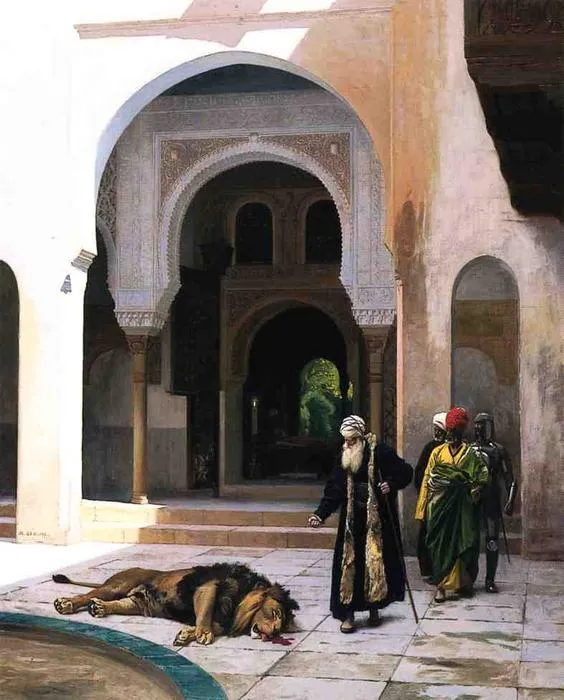 Le Lion maudit (1895) by Jean-Léon Gérôme — original painting reproduced as a hand-painted oil on canvas
