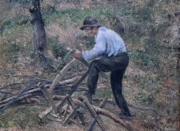 Le Père Melon sciant du bois (1879) by Camille Pissarro — original painting reproduced as a hand-painted oil on canvas