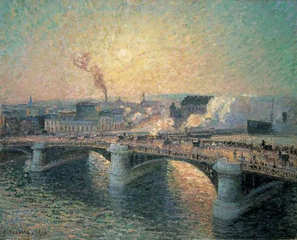 Le Pont Boieldieu, Rouen, Soleil Couchant [The Pont Boieldieu at Sunset] (1896) by Camille Pissarro — original painting reproduced as a hand-painted oil on canvas