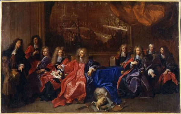 Le prévôt et les échevins de la ville de Paris délibérant d'une fête en l'honneur du dîner de Louis XIV à l'hôtel de ville après sa guérison en 1689 (1689) by Hyacinthe Rigaud — original painting reproduced as a hand-painted oil on canvas