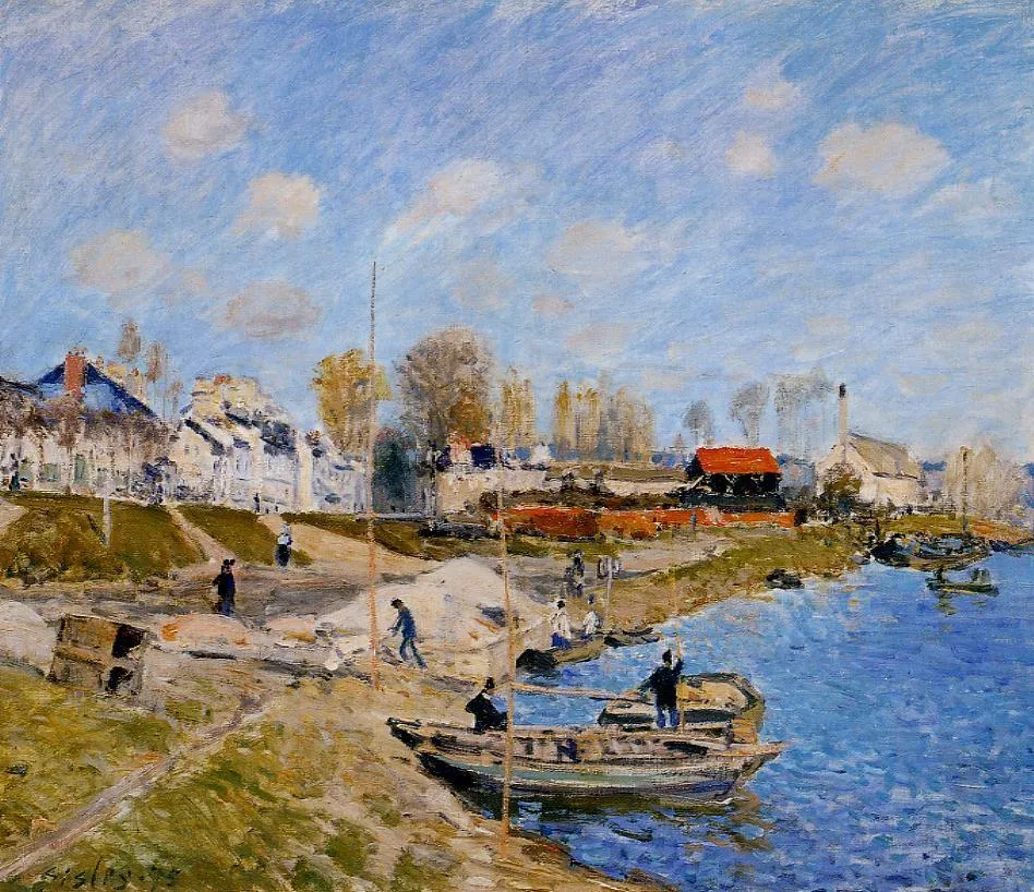 Le Quai à sable, Port-Marly (1875) by Alfred Sisley — original painting reproduced as a hand-painted oil on canvas