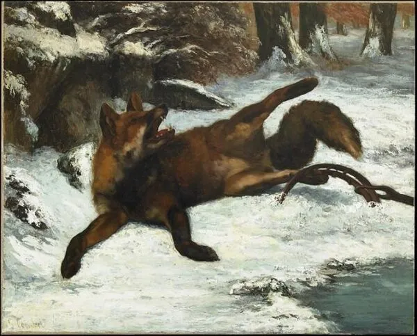 Le Renard pris au piège (1860) by Gustave Courbet — original painting reproduced as a hand-painted oil on canvas