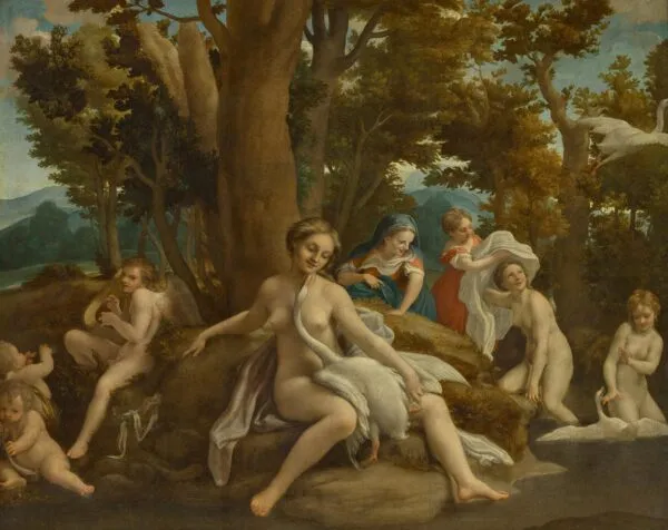 Leda and the Swan (1532) by Antonio da Correggio — original painting reproduced as a hand-painted oil on canvas