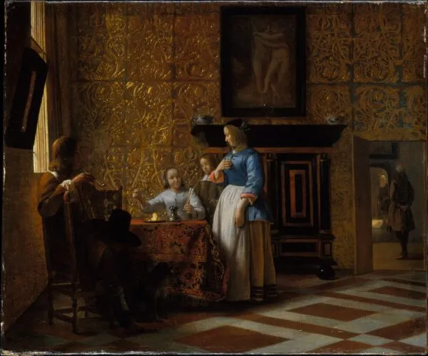 Leisure Time in an Elegant Setting (1664) by Pieter de Hooch — original painting reproduced as a hand-painted oil on canvas