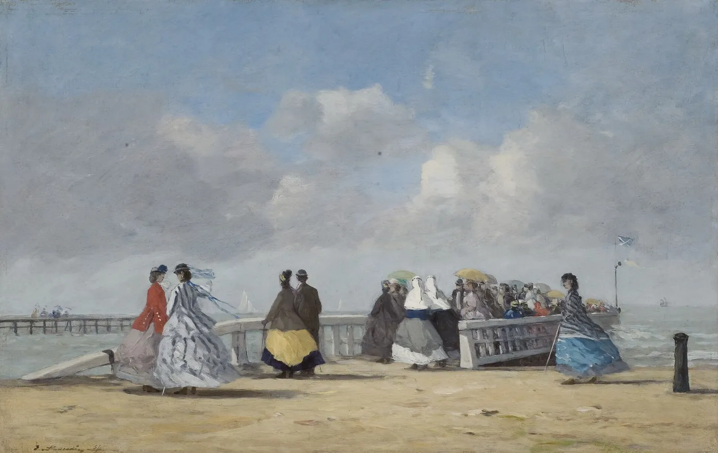L'embarcadère à Trouville (1864) by Eugène Louis Boudin — original painting reproduced as a hand-painted oil on canvas