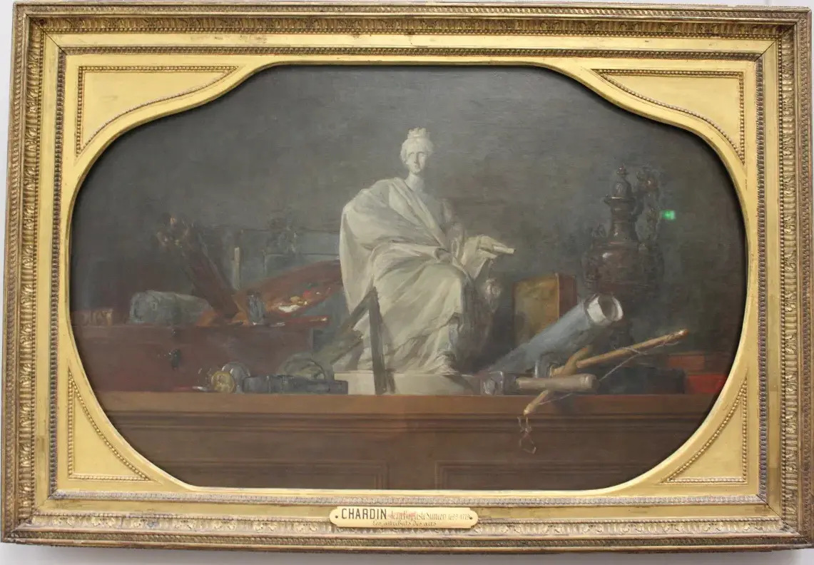 Les Attributs des arts (1765) by Jean-Baptiste-Siméon Chardin — original painting reproduced as a hand-painted oil on canvas