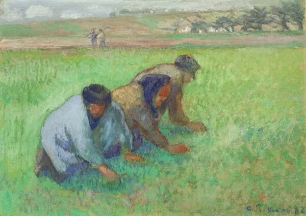 Les Sarcleurs (1882) by Camille Pissarro — original painting reproduced as a hand-painted oil on canvas