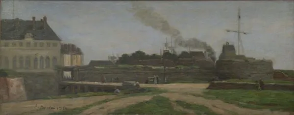 L'Hôtel de ville et la Tour François Ier (1852) by Eugène Louis Boudin — original painting reproduced as a hand-painted oil on canvas