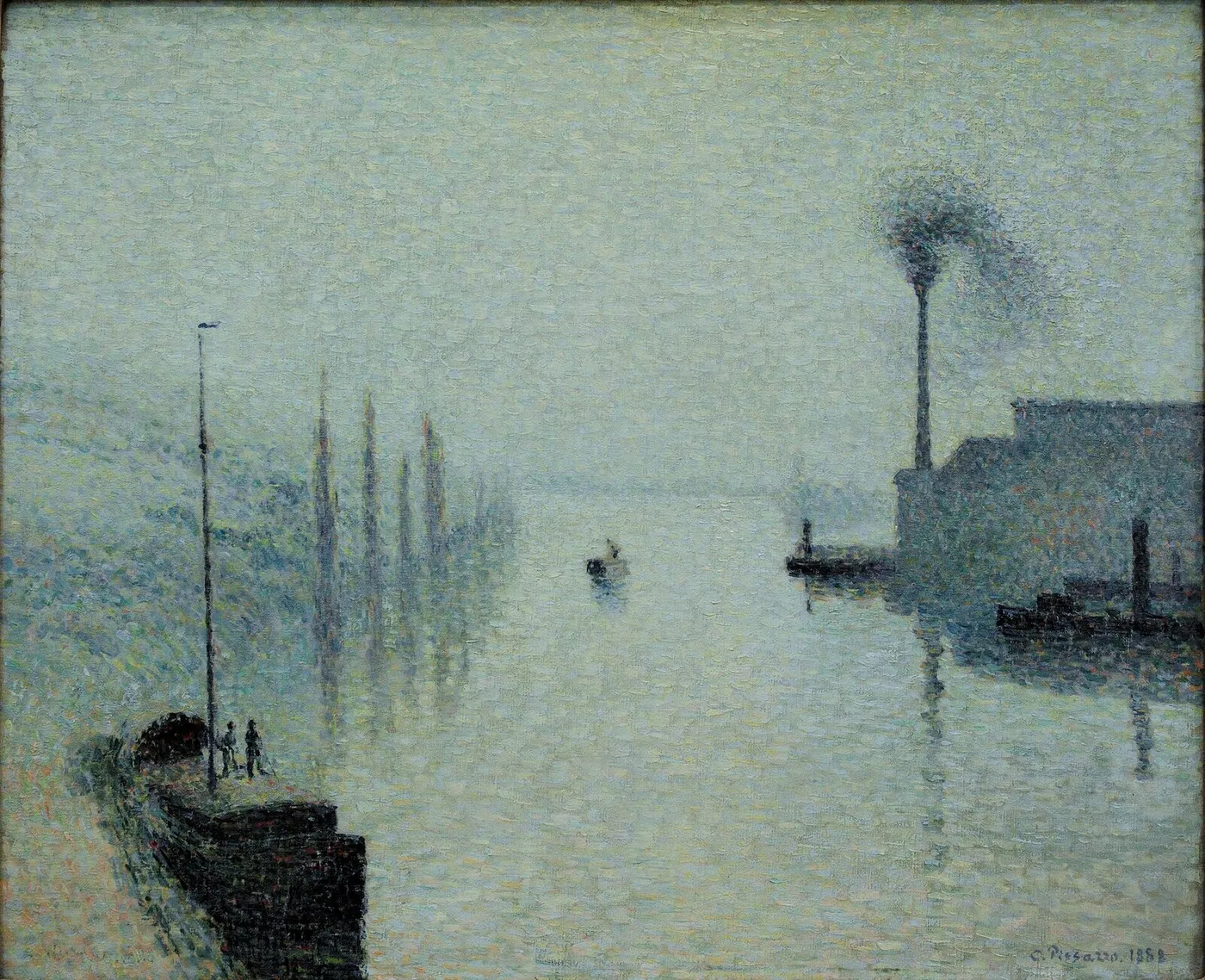 L'Île Lacroix, Rouen (The Effect of Fog) (1888) by Camille Pissarro — original painting reproduced as a hand-painted oil on canvas
