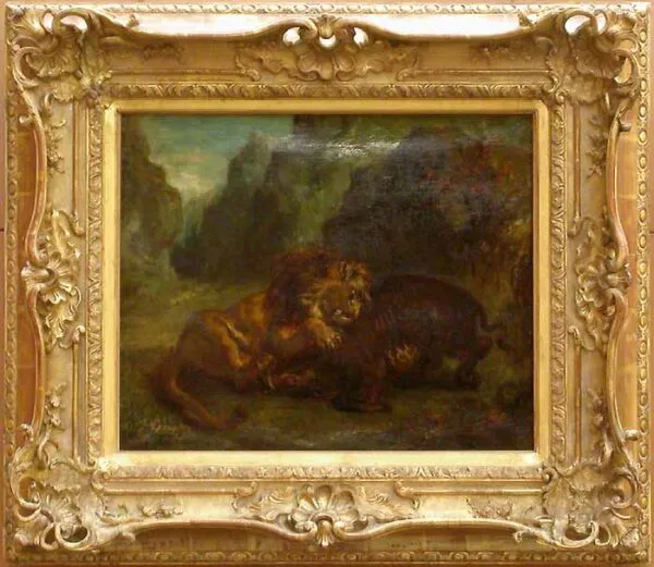 Lion et sanglier (1853) by Eugène Delacroix — original painting reproduced as a hand-painted oil on canvas