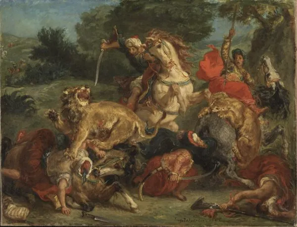 Lion Hunt (1855) by Eugène Delacroix — original painting reproduced as a hand-painted oil on canvas