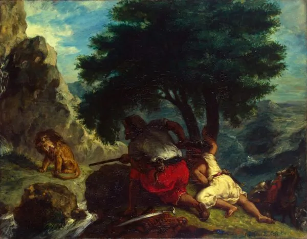 Lion Hunt in Morocco (1854) by Eugène Delacroix — original painting reproduced as a hand-painted oil on canvas