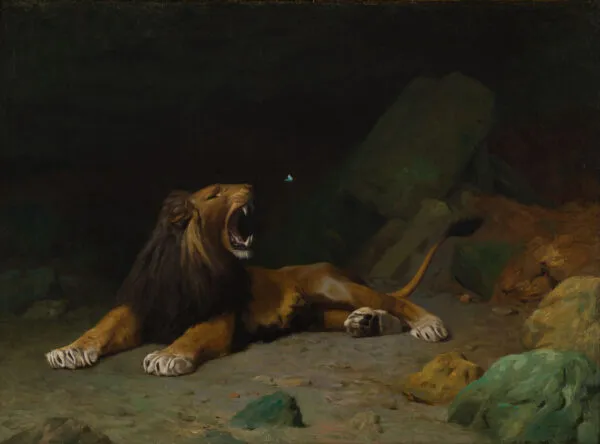 Lion Snapping at a Butterfly (1889) by Jean-Léon Gérôme — original painting reproduced as a hand-painted oil on canvas