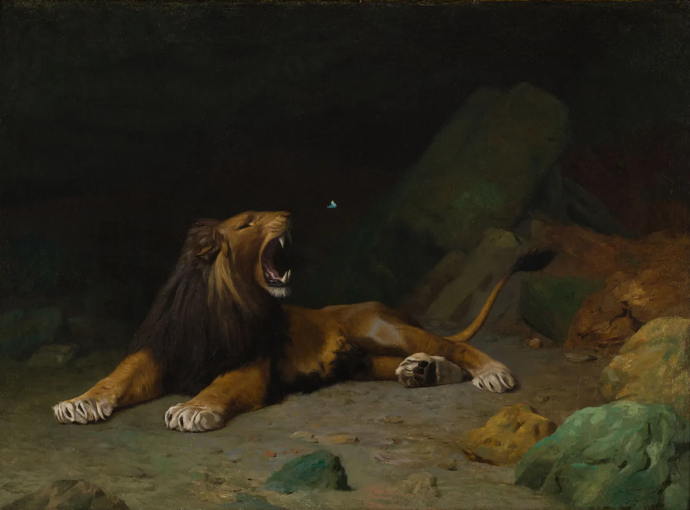 Lion Snapping at a Butterfly (1889) by Jean-Léon Gérôme — original painting reproduced as a hand-painted oil on canvas
